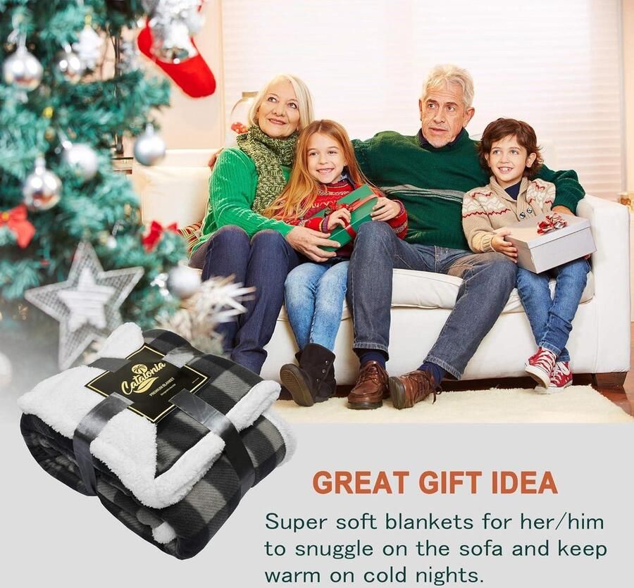 Geruite sherpa-deken sprei wollige buffeldeken kerstdeken warme pluche microvezel winteromkeerbare deken voor bank slaapbank 150 x 130 cm zwart plaid - Foto 2