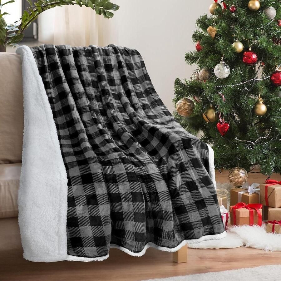 Geruite sherpa-deken sprei wollige buffeldeken kerstdeken warme pluche microvezel winteromkeerbare deken voor bank slaapbank 150 x 130 cm zwart plaid