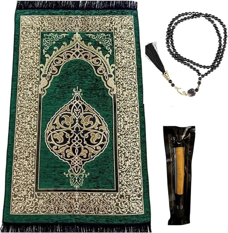 Geschenkdoos – moslim islamitische geschenken met gebedkleed Misvak en gebedsketting – Seccade- gebedstapijt Prayer Rug- Sajadah-Islamitische Namaz- Janamaz Islam (groen)