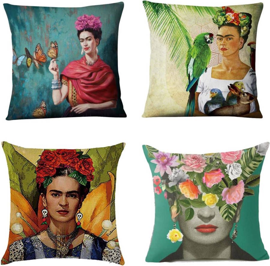 Geschikt voor Frida Kahlo Mexicaanse stijl zelfportret kussensloop 4 stuks katoenen linnen kussensloop familieauto decoratie 45 cm x 45 cm (vrouw zelfportret) sofakussen matras