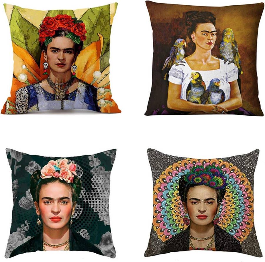 Geschikt voor Frida Kahlo Mexicaanse stijl zelfportret kussensloop 4 stuks katoenen linnen kussensloop familieauto decoratie 45 cm x 45 cm (vrouw zelfportret) sofakussen matras