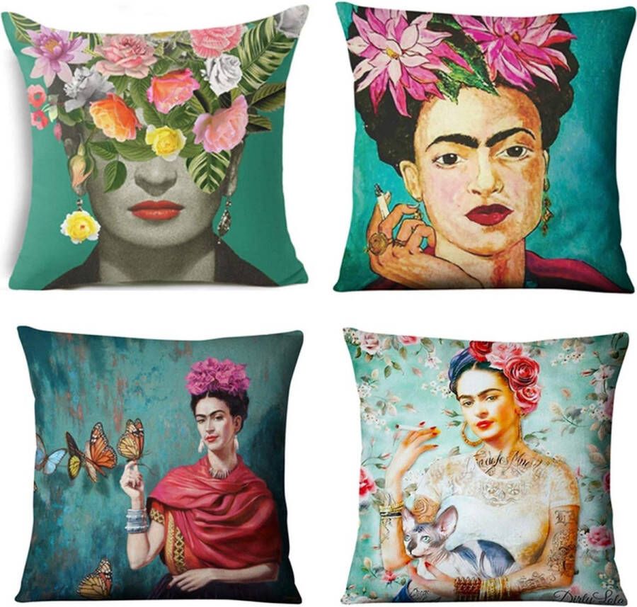 Geschikt voor Frida Kahlo Mexicaanse stijl zelfportret kussensloop 4 stuks katoenen linnen kussenhoes kussensloop familie auto decoratie 45 cm X 45 cm (vrouw zelfportret) sofa kussen matras
