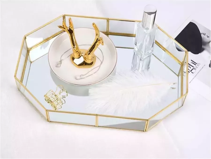 Gespiegeld glazen dienblad veelhoek metaal decoratief dienblad sieraden parfum organizer make-up dienblad voor dressoir badkamer slaapkamer (klein)