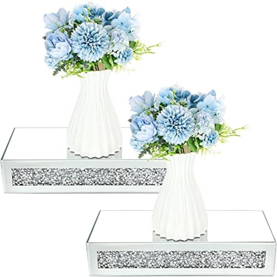 Gespiegelde Zwevende Wandplanken met Diamanten Kristallen Set van 2 Decoratieve Glazen Planken