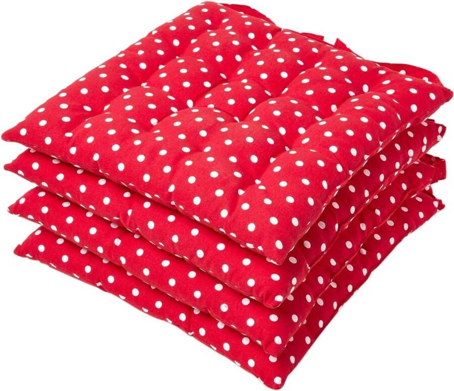 Gestippeld stoelkussen 40 x 40 cm rood zitkussen voor stoelen met banden en knoopsluiting bekleding van 100% katoen polyester vulling polka dots patroon