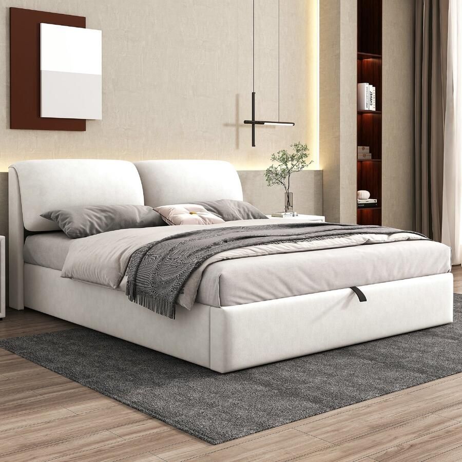 Gestoffeerd 180x200 cm hydraulisch bed 3 lades opbergkast lattenbodem met hoofdbord fluweel beige(Matras niet inbegrepen)