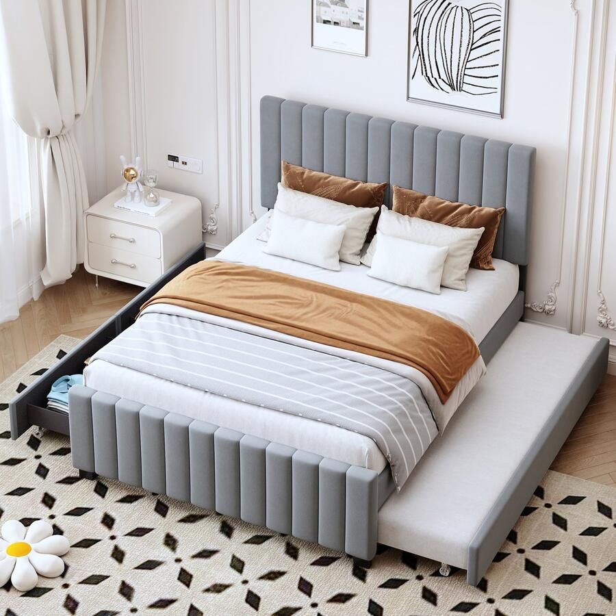 Merax Gestoffeerd bed 140 x 190 cm met opklapbed met twee lades tweepersoonsbed kinderbed grijs zonder matras