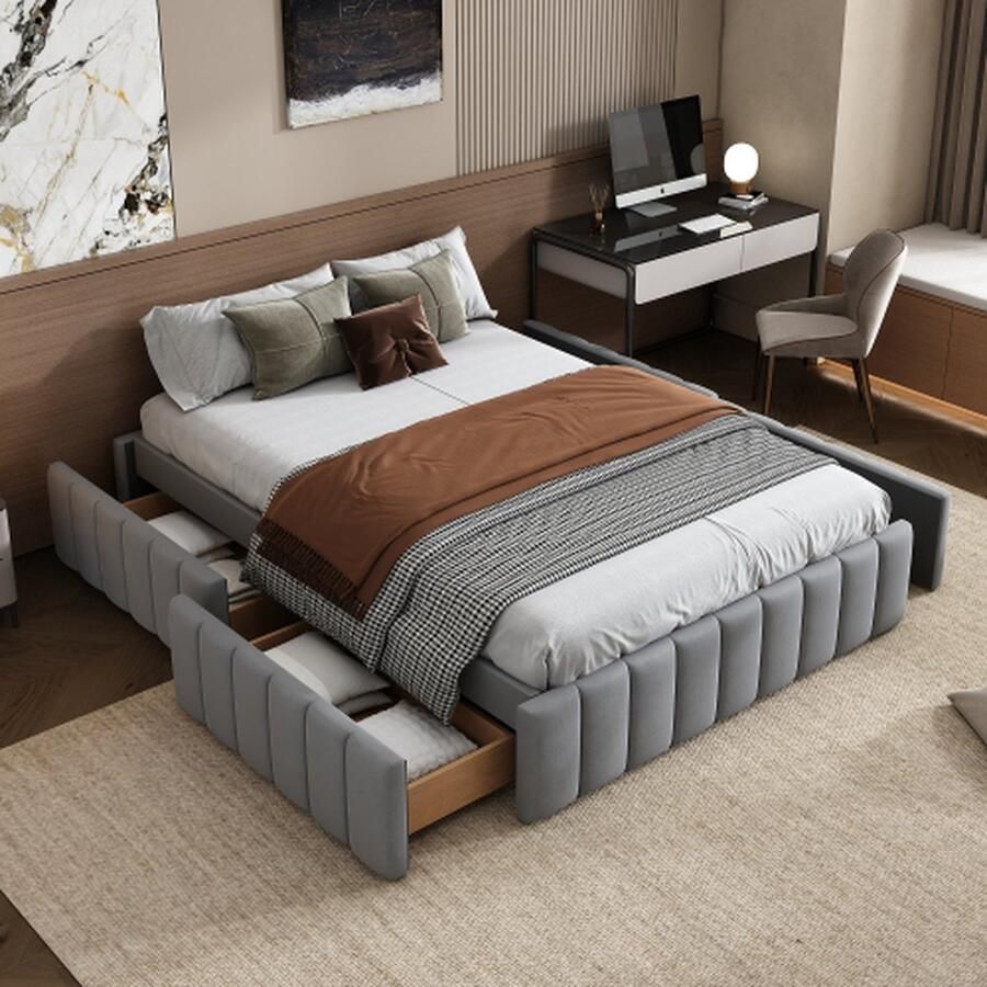 Gestoffeerd bed 140 x 200 cm bedframe eenpersoonsbed tweepersoonsbed designbed met lattenbodem (zonder matras) bedframe geen hoofdbord minimalistische stijl grijs