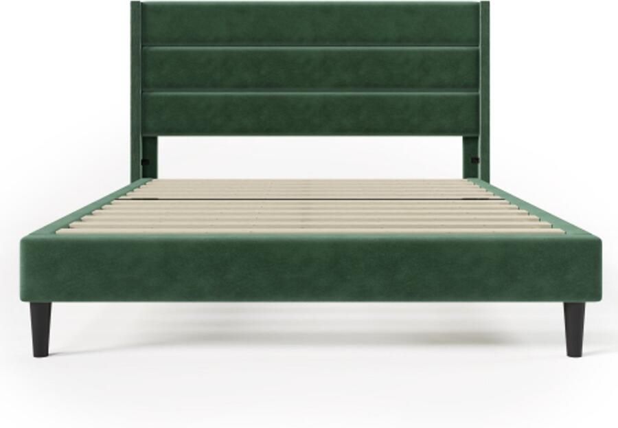 Gestoffeerd bed 140 x 200 cm bedframe met lattenbodem en hoofdbord gestoffeerd tweepersoonsbed textielbekleding fluweel in donkergroen jeugdbed