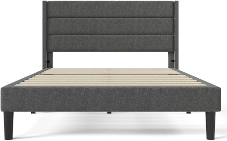 Gestoffeerd bed 140 x 200 cm bedframe met lattenbodem en hoofdbord gestoffeerd tweepersoonsbed textielbekleding linnen in donkergrijs jeugdbed