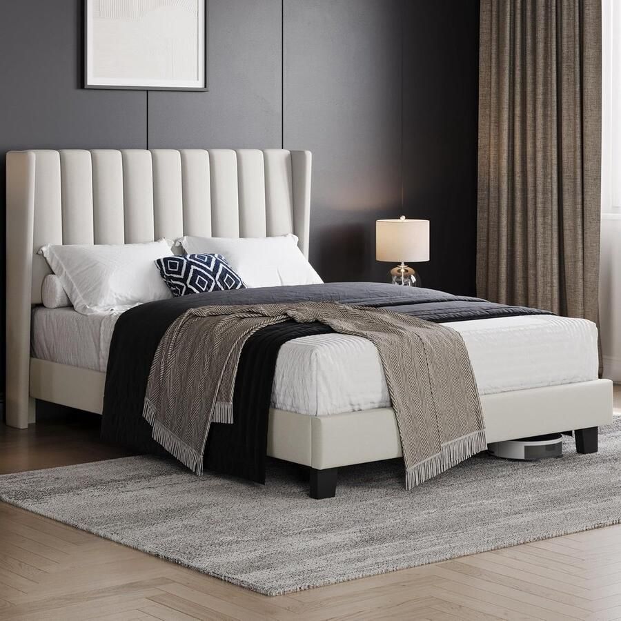 Gestoffeerd bed 140 x 200 cm bedframe stabiel tweepersoonsbed familiebed gevoerd bedframe bed met opbergruimte voor slaapkamer logeerkamer beige