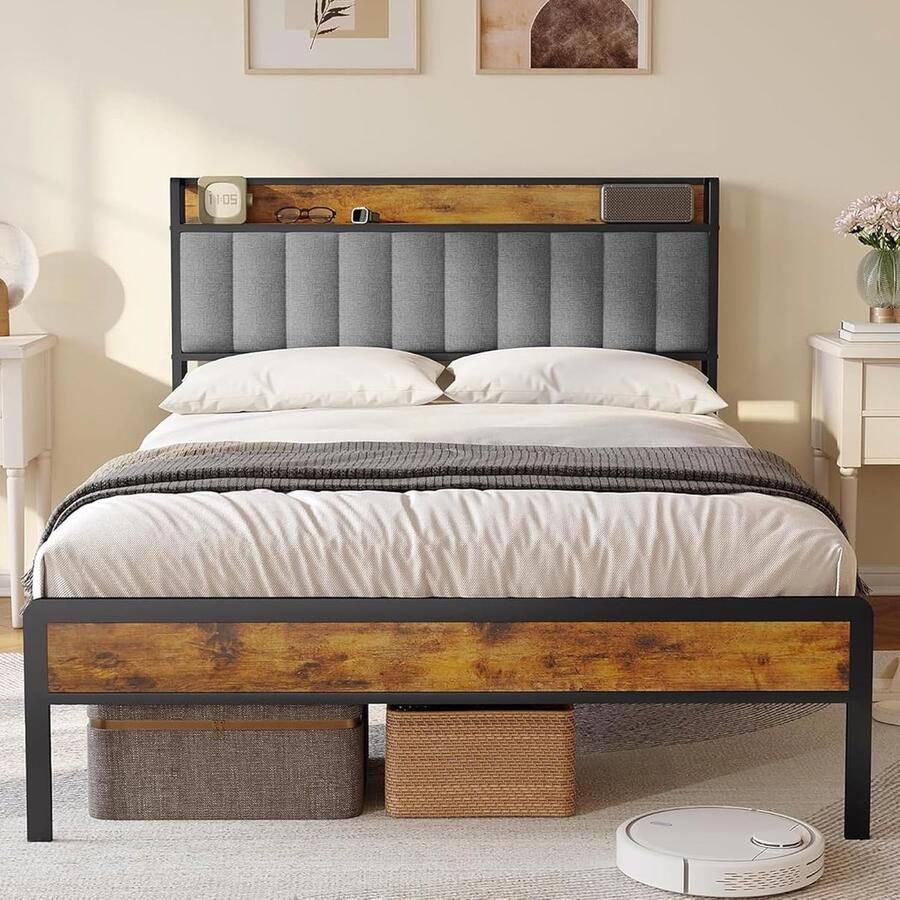 Gestoffeerd Bed 140 x 200 cm – Grijs Tweepersoonsbed met Metalen Frame Houten Lattenbodem en Hoofdbord Stabiel en Comfortabel Bedframe