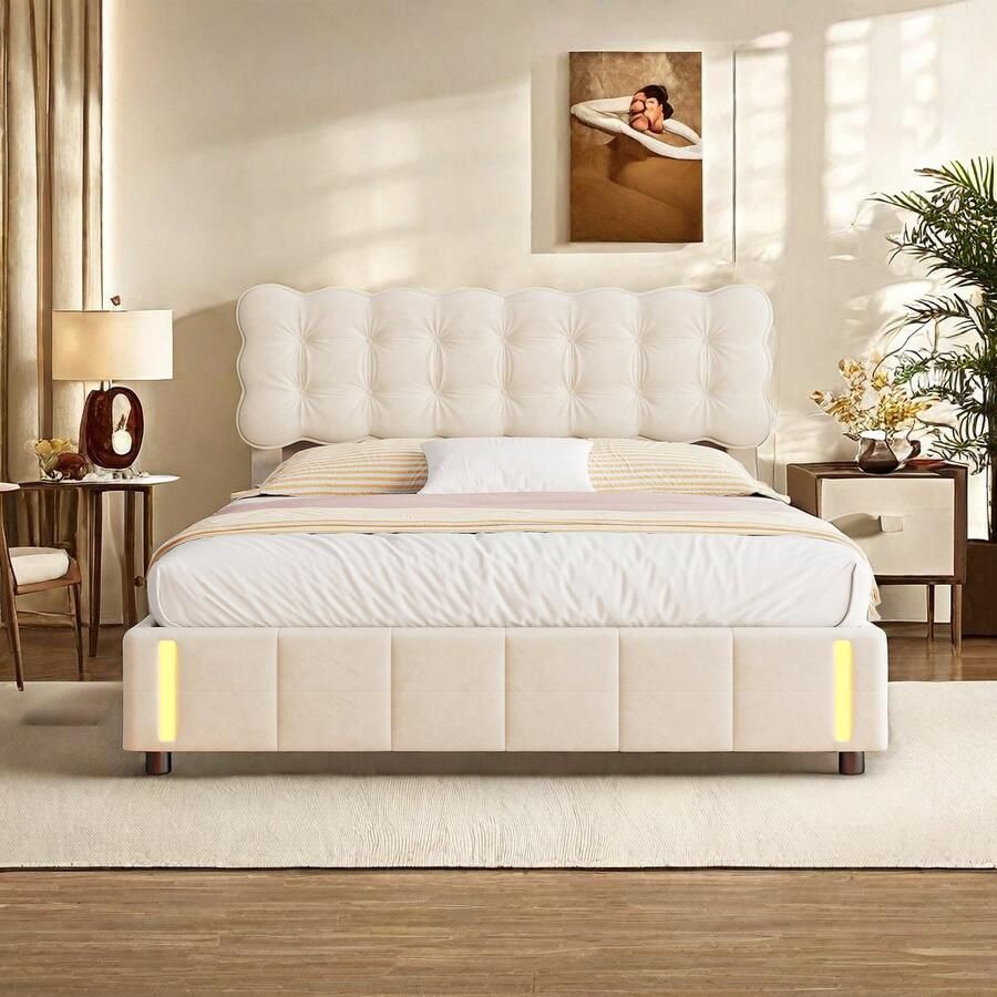 Gestoffeerd bed 140 x 200 cm hydraulisch opbergbed led-tweepersoonsbed met opbergruimte en lattenbodem bedframe met hoofdeinde modern bed met rugleuning fluweel zonder matras (beige 140 x 200)