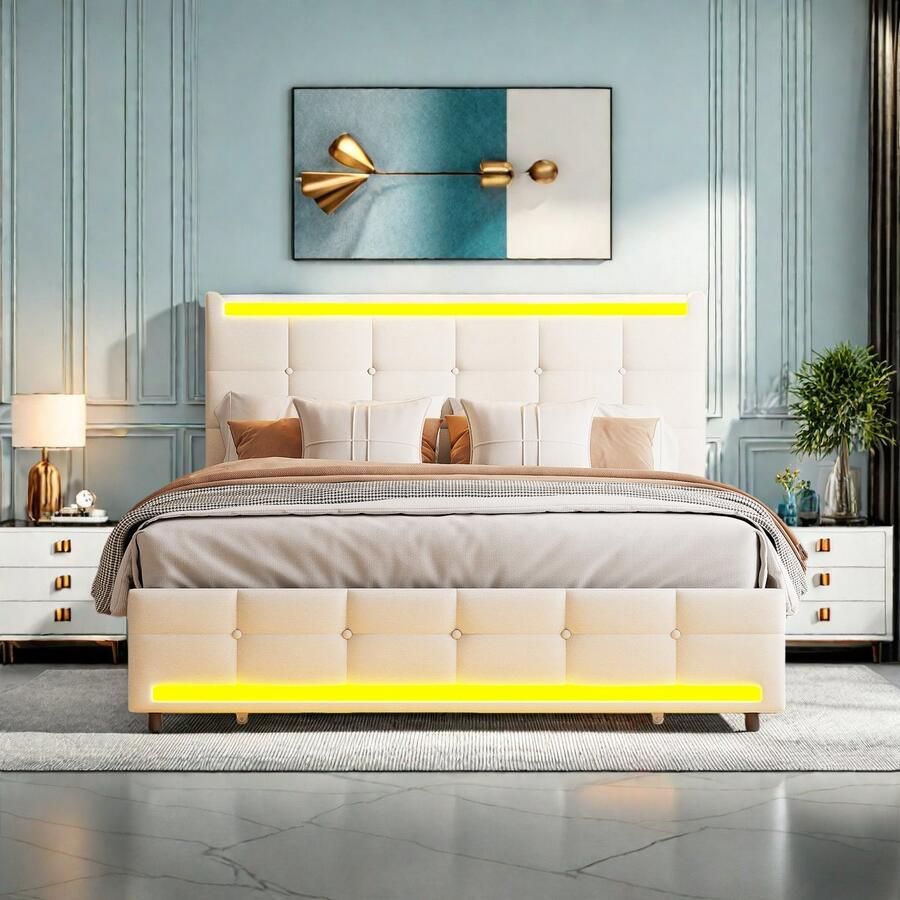 Gestoffeerd bed 140 x 200 cm LED-bed met USB-C-oplaadfunctie en 4 lades bed voor jongeren opbergbed functioneel bed bedframe met rugleuning en lattenbodem van hout linnen beige zonder matras