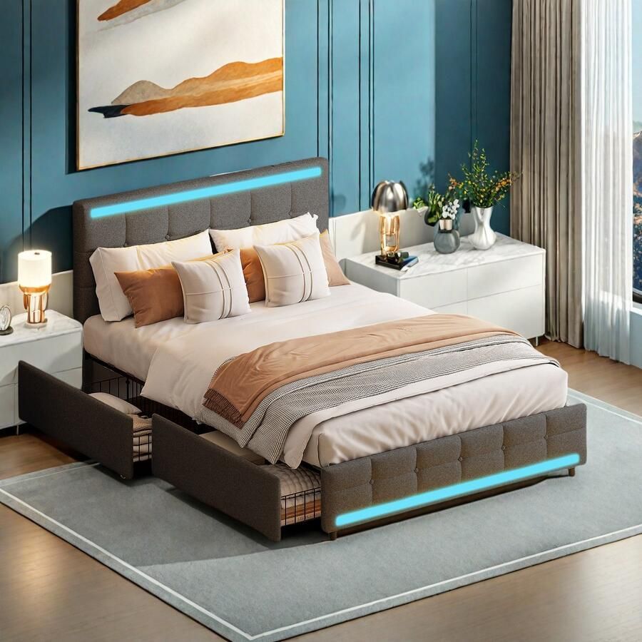 Gestoffeerd bed 140 x 200 cm LED-bed met USB-C-oplaadfunctie en 4 lades bed voor jongeren opbergbed functioneel bed bedframe met rugleuning en lattenbodem van hout linnen grijs zonder matras