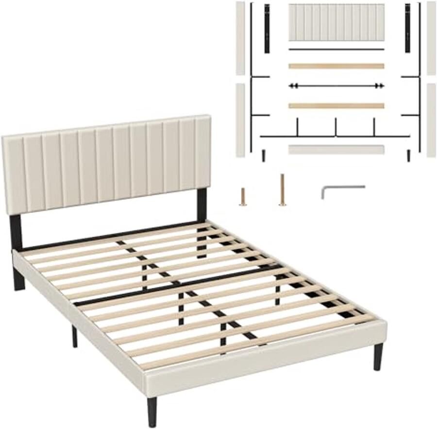Gestoffeerd Bed 140 x 200 cm met Gevoerd Hoofdeinde in Beige – Modern Platformbed voor Volwassenen
