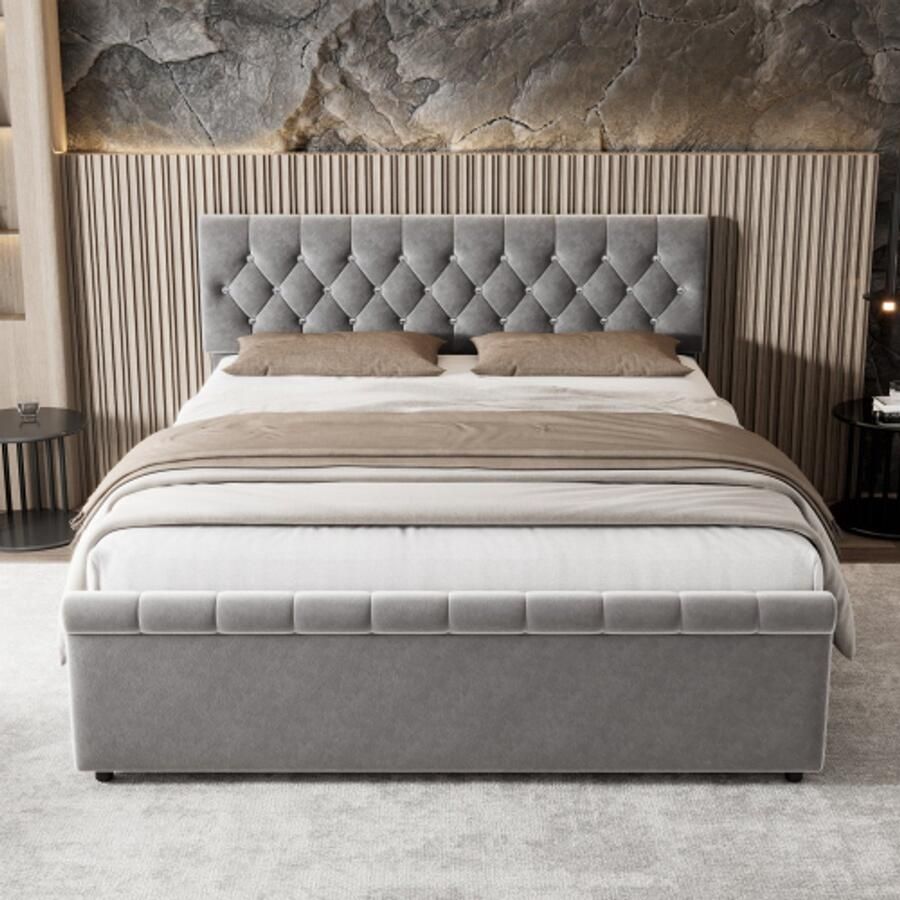 Gestoffeerd bed 140 x 200 cm met lattenbodem en rugleuning tweepersoonsbed met 2 lades hoofdbord met ruitvormige trekpunten sleevorm eenvoudige montage fluwelen stof grijs