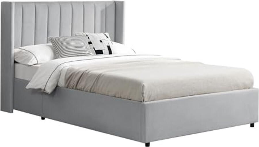 Gestoffeerd bed 140 x 200 cm met opbergruimte in lichtgrijs