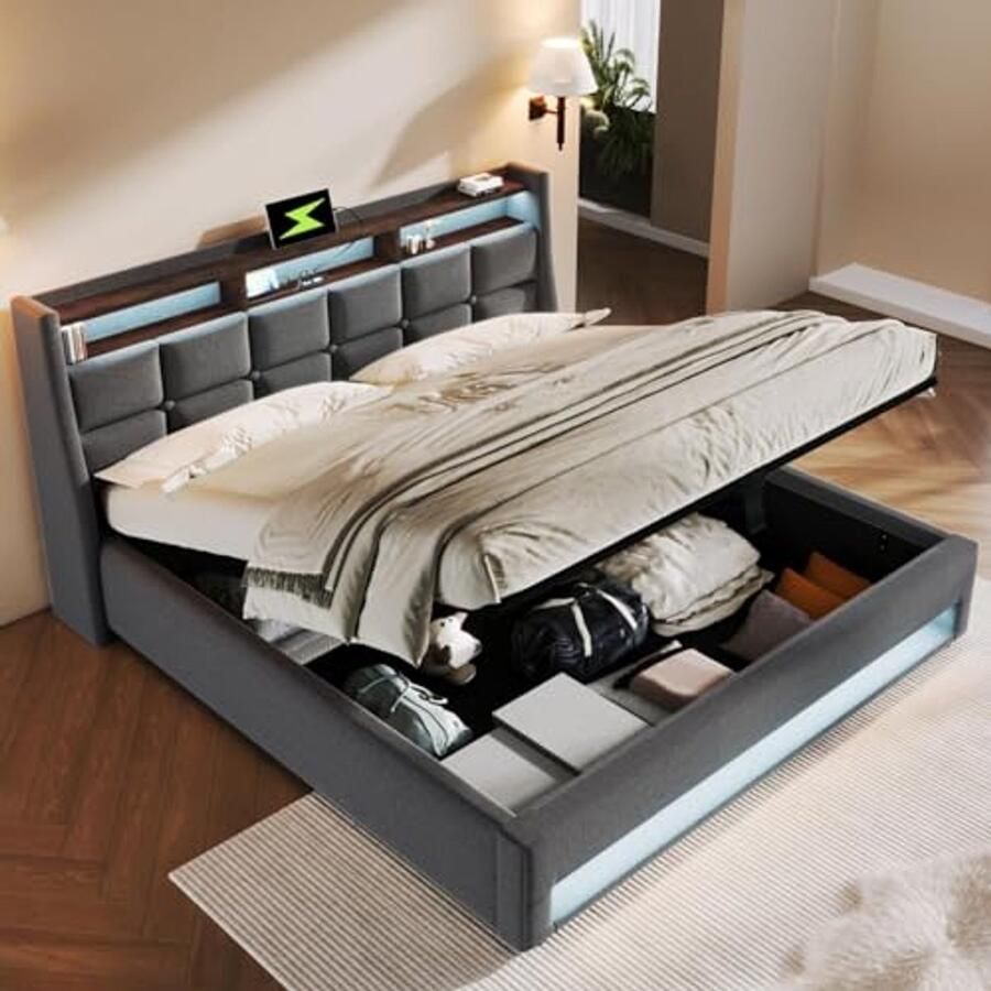 Gestoffeerd bed 140 x 200 cm met USB en opbergfunctie led-bedframe van metaal met lattenbodom in grijs