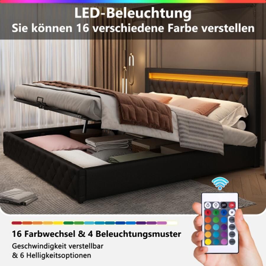 Gestoffeerd bed 140 x 200 cm met USB-poort (ondersteunt draadloos en bekabeld opladen) met LED-verlichting en opbergruimte zonder matras PU-lychee-patroon zwart