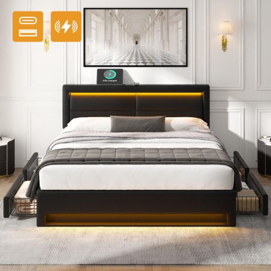 Gestoffeerd bed 140 x 200 cm met USB-poort (ondersteunt draadloos en bekabeld opladen) met ledverlichting en vier lades zonder matras PU-lychee-patroon zwart