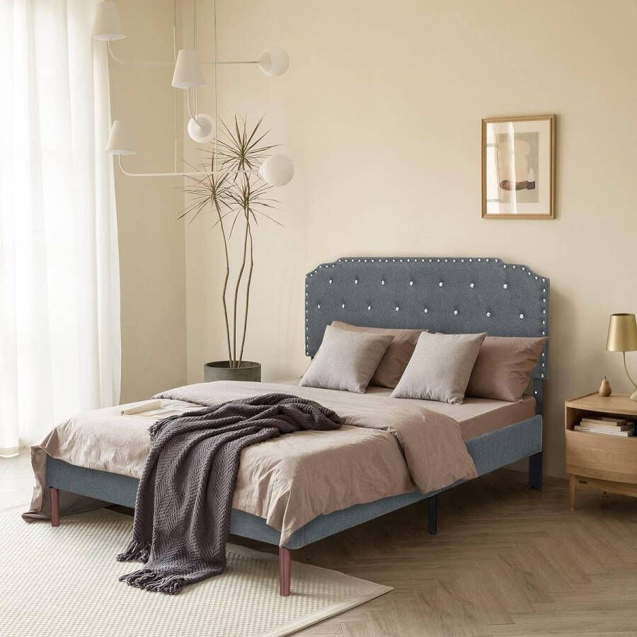 Gestoffeerd bed 140 x 200 cm modern tweepersoonsbed met gewatteerd hoofdeinde kunstleer & lattenbodem bedframe gestoffeerd (grijs)