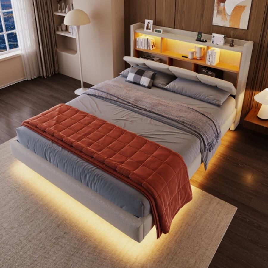 Gestoffeerd bed 140 x 200 cm op afstand bedienbare sfeerverlichting onder het bed opklapbaar legbord hoofdbord met opbergruimte USB + Type-C zonder matras met LED-verlichting beige