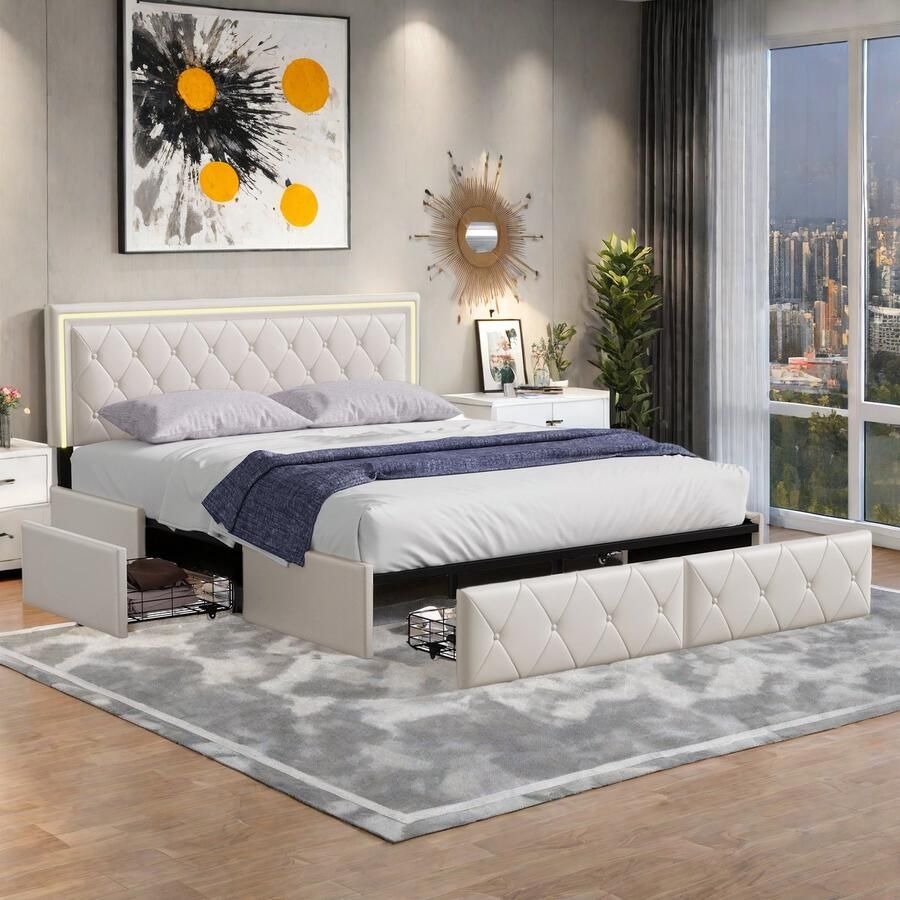 Gestoffeerd bed 140 x 200 cm Tweepersoonsbed met 4 lades PU-leren hoofdeinde Jeugdbed Gestoffeerd bed Jeugdbed PU-leer Wit Zonder matras