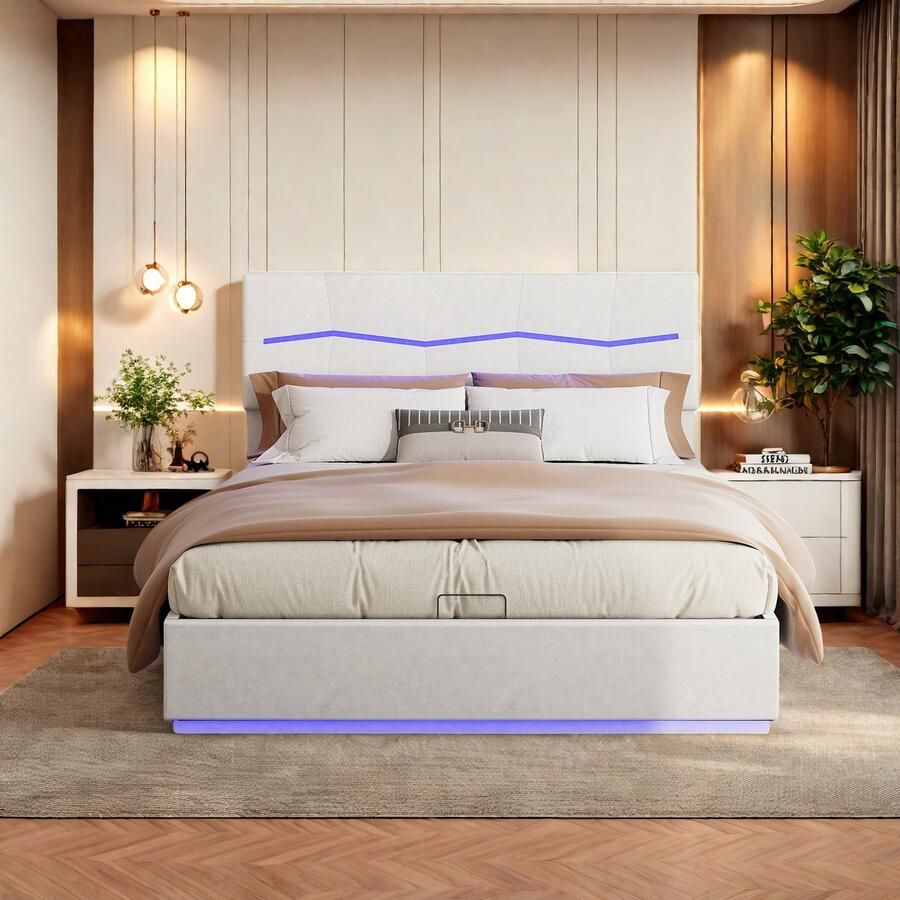 Gestoffeerd bed 140 x 200 cm Tweepersoonsbed met LED-verlichting en USB-aansluiting bed met opbergvak gestoffeerd bed met hoofdeinde tweepersoonsbedframe met lattenbodem PU-leer beige zonder matras