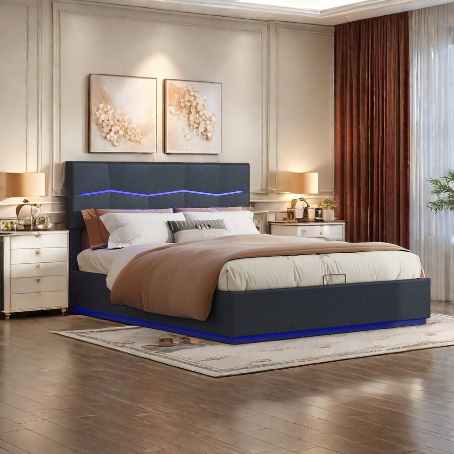 Gestoffeerd bed 140 x 200 cm Tweepersoonsbed met LED-verlichting en USB-aansluiting bed met opklapbare opbergbox gestoffeerd bed met hoofdeinde tweepersoonsbedframe met lattenbodem PU-leer zwart zonder matras