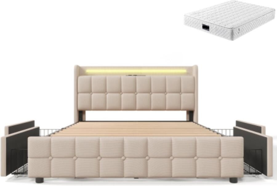 GOTAGEE Gestoffeerd Bed 140×200 cm Tweepersoonsbed Met Matras Beige Katoen Met LED Hoofdbord Met USB Type C Met 4 Schubladen Lattenbodem