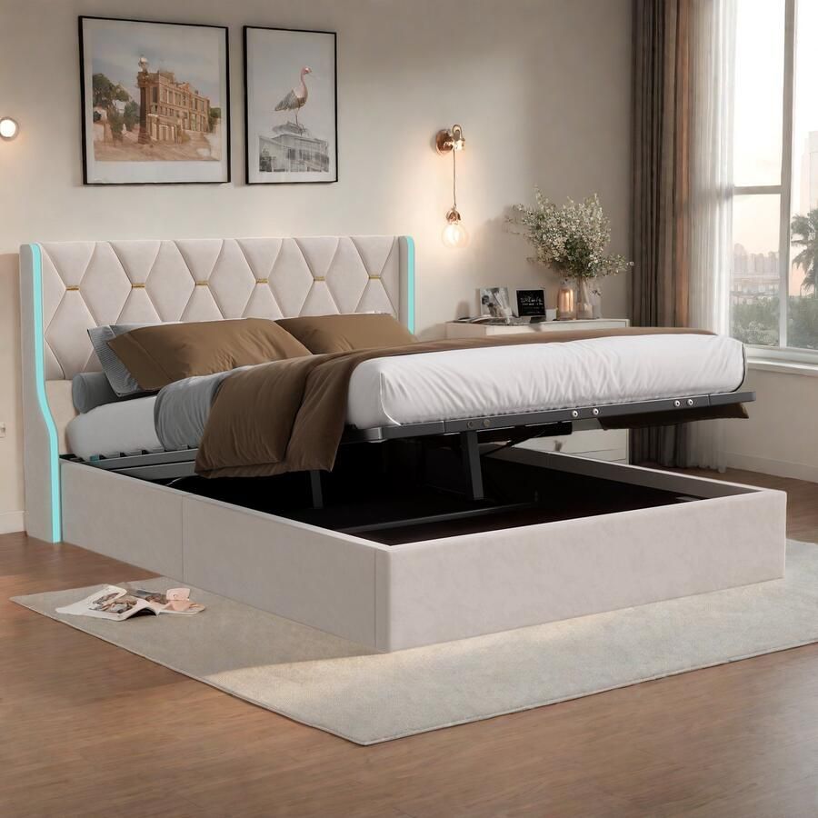 Gestoffeerd bed 140x200 cm hydraulisch tweepersoonsbed met ledverlichting en veel opbergruimte bedframe met hoofdeinde en lattenbodem tweepersoonsbed jeugdbed fluweel beige (zonder matras)