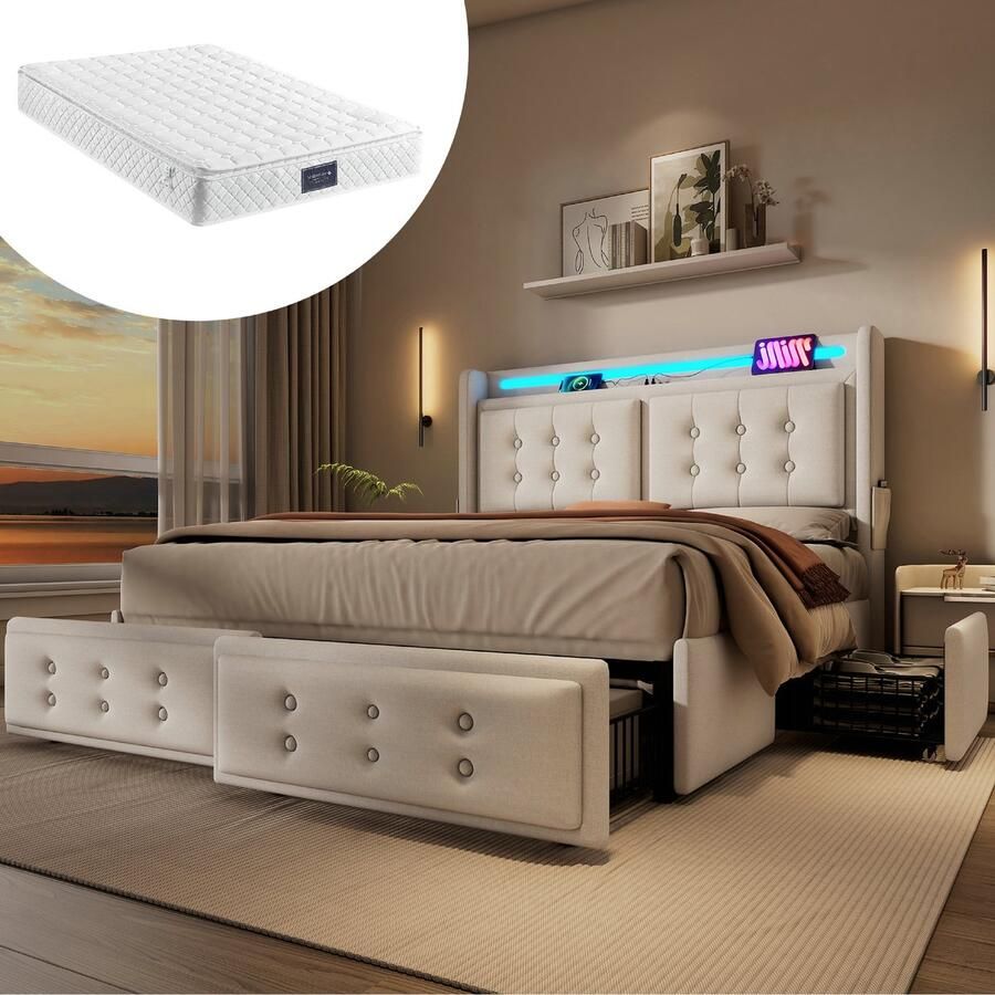 Gestoffeerd bed 140x200 cm met led-hoofdbord en USB-C-oplaadfunctie en 4 lades tweepersoonsbed met beige linnen inclusief matras.(Matras niet inbegrepen)