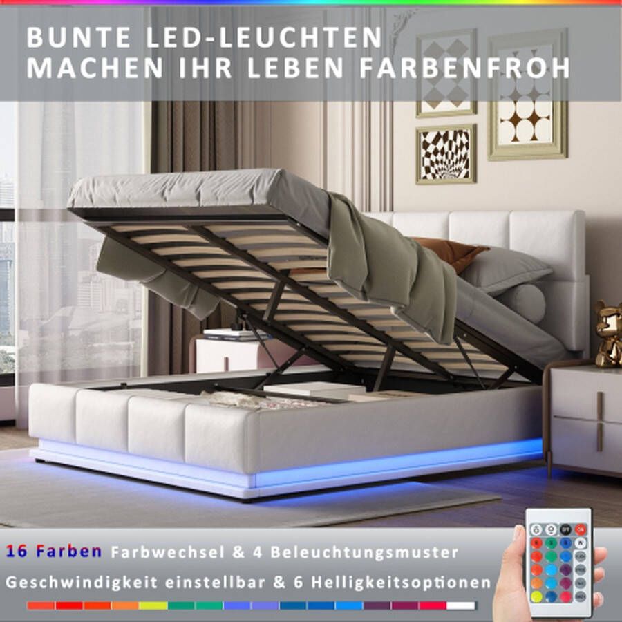 Gestoffeerd bed 140x200 cm met LED-verlichting & hydraulisch hefbare bedopbergruimte bedbox & lattenbodemhoes van kunstleer tweepersoonsbed volwassen jeugdbed wit