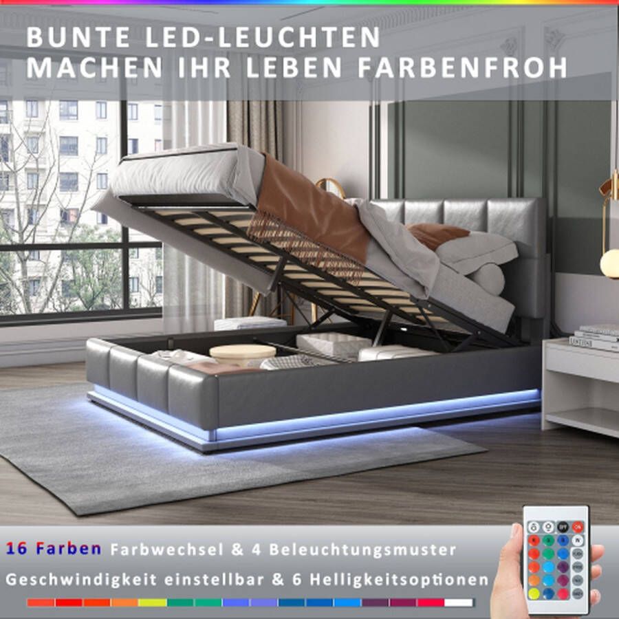 Gestoffeerd bed 140x200 cm met LED-verlichting & hydraulisch hefbare bedopbergruimte bedbox & lattenbodemhoes van kunstleer tweepersoonsbed volwassen jeugdbed grijs