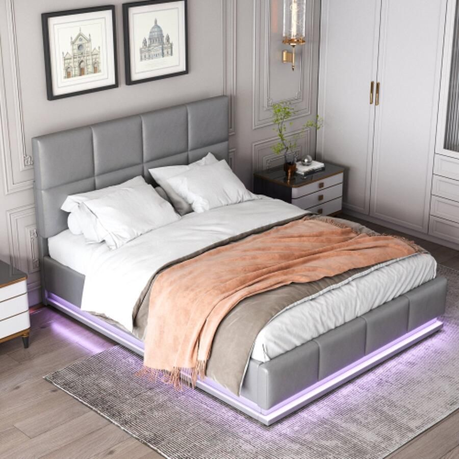 Gestoffeerd bed 140x200 cm met LED-verlichting & hydraulisch hefbare bedopbergruimte bedbox & lattenbodemhoes van kunstleer tweepersoonsbed volwassen jeugdbed grijs