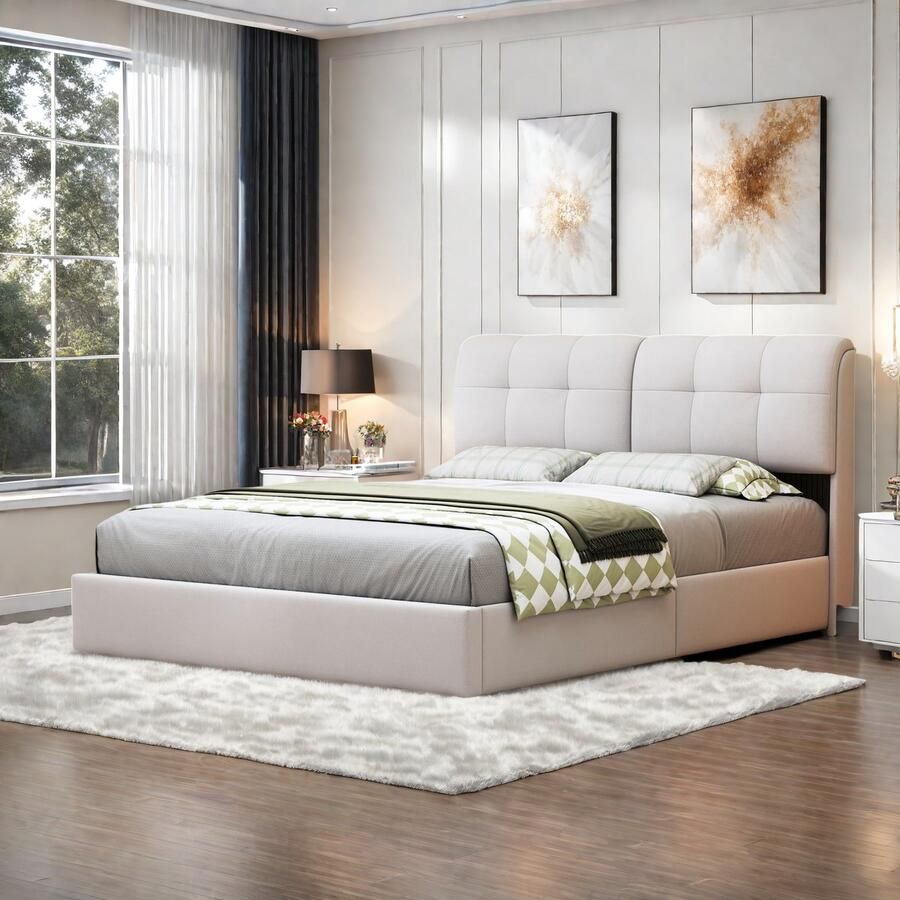 Gestoffeerd bed 140x200 cm met ledverlichting hydraulisch functioneel bed gestoffeerd hoofdeinde met geblokte rugleuning tweepersoonsbed met lattenbodem fluweel beige zonder matras