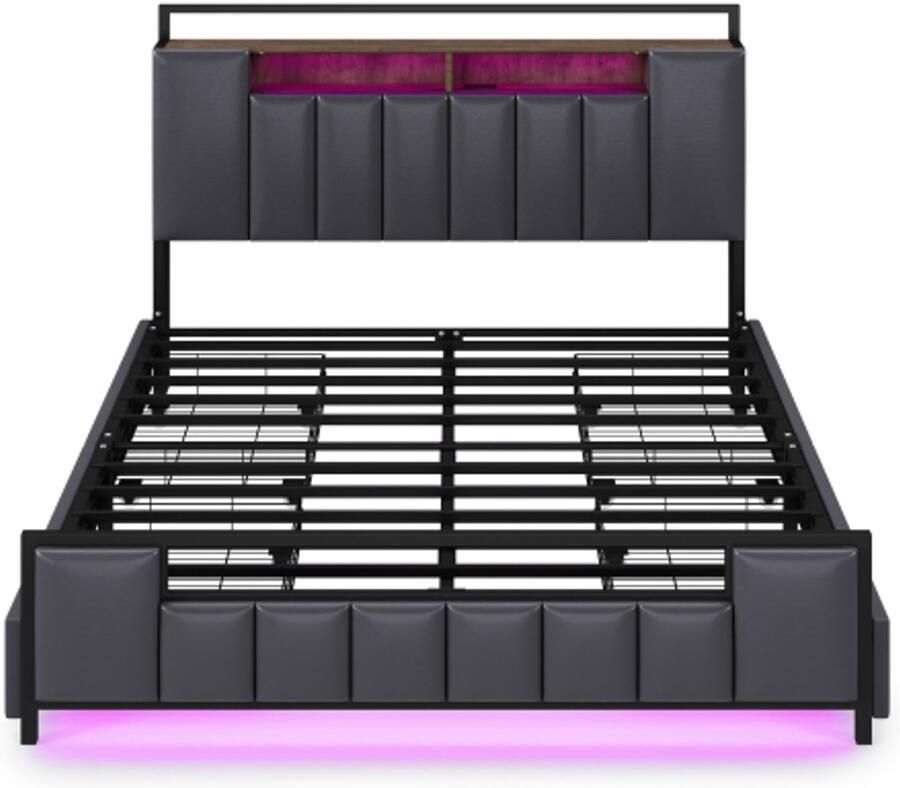 Gotagee Gestoffeerd bed 140x200 cm multifunctioneel bed met LED-verlichting met USB-aansluiting met laden jeugdbed volwassen bed tweepersoonsbed imitatieleer grijs