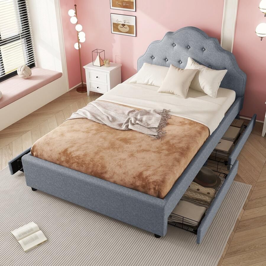 Sweiko Gestoffeerd bed met 4 lades 140x200cm Tweepersoonsbed (zonder matras) Linnen Minimalistische stijl Grijs