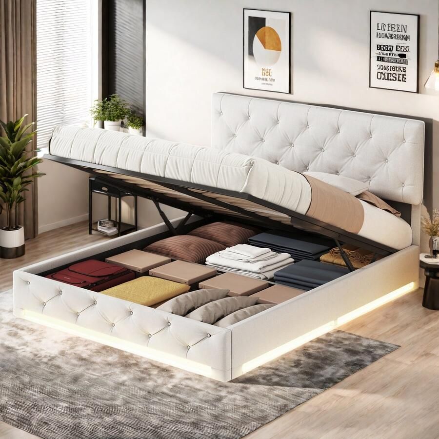 Gestoffeerd bed 140x200 cm tweepersoonsbed met ledverlichting en lattenbodem hydraulisch opbergbed functioneel bed met veel opbergruimte verstelbaar hoofdeinde linnen gebroken wit (zonder matras)