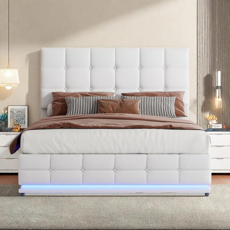 Gestoffeerd bed 140x200 cm tweepersoonsbed met ledverlichting en lattenbodem hydraulisch opbergbed functioneel bed met veel opbergruimte verstelbaar hoofdeinde PU-leer wit (zonder matras)