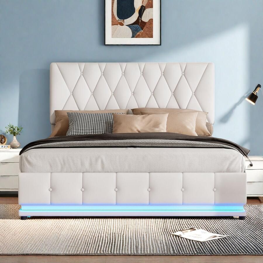 Gestoffeerd bed 140x200 cm tweepersoonsbed met ledverlichting en lattenbodem hydraulisch opbergbed functioneel bed met veel opbergruimte verstelbaar hoofdeinde PU-leer wit (zonder matras)