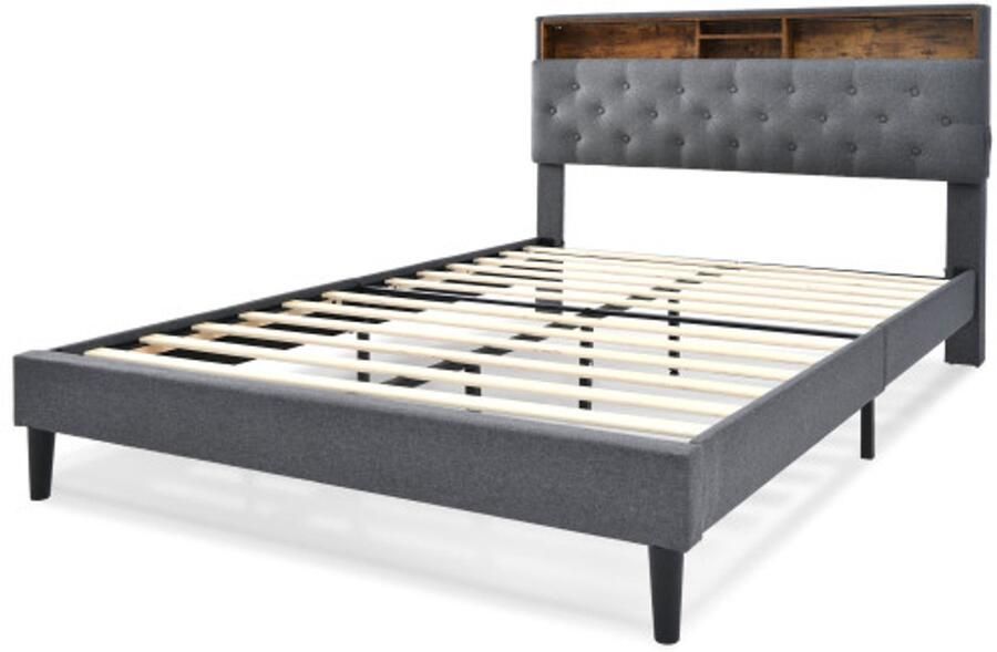 GOTAGEE Gestoffeerd bed 140x200 cm Tweepersoonsbed Met opbergruimte en LED verlichting Met lattenbodem Hout Grijs Met matras