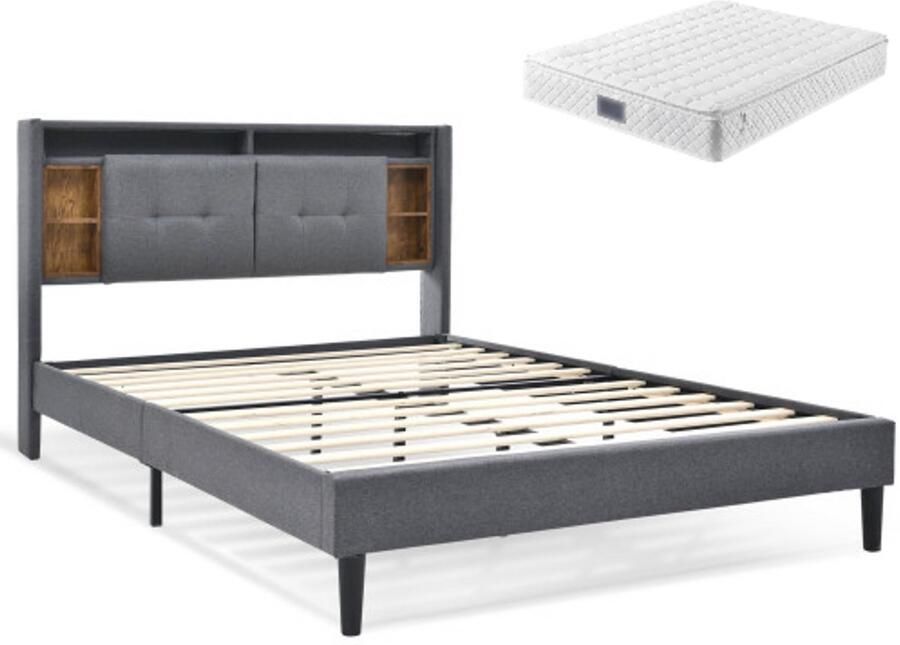 GOTAGEE Gestoffeerd bed 140x200 cm Tweepersoonsbed Met opbergruimte en USB LED verlichting Met lattenbodem Hout Grijs Met matras