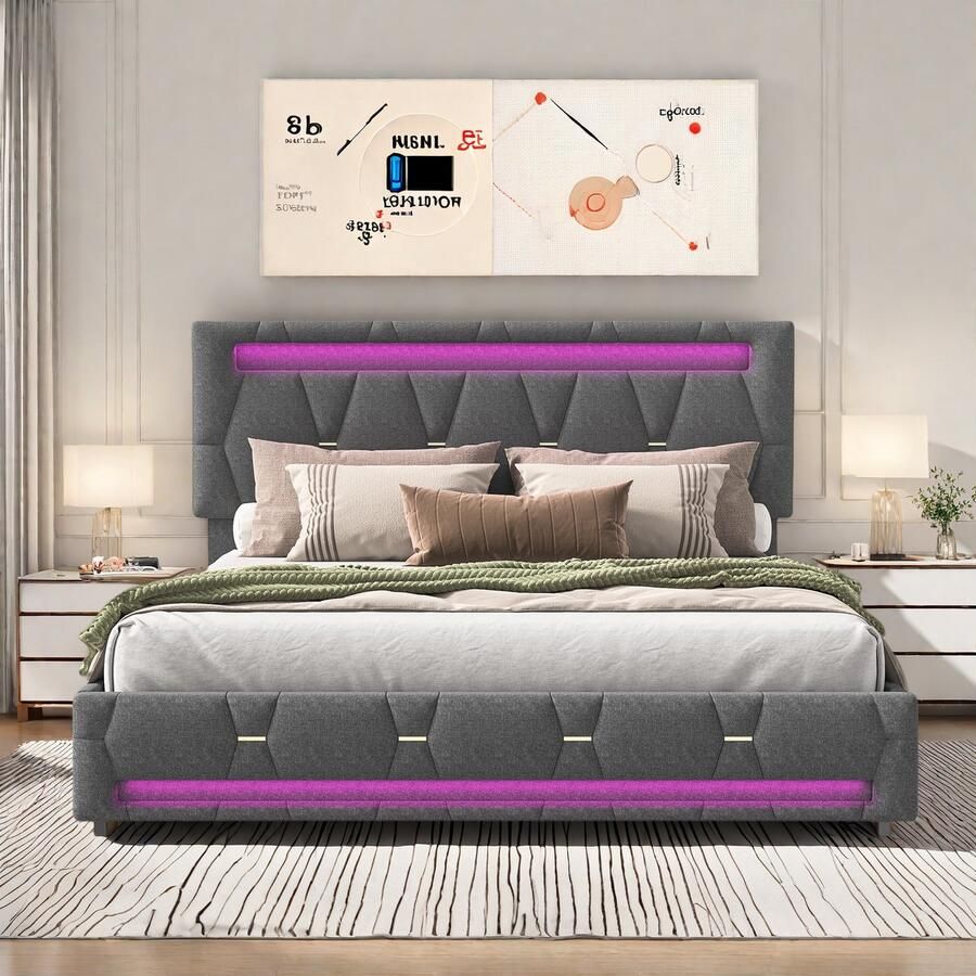 Gestoffeerd bed 140x200 met 4 lades tweepersoonsbed gestoffeerd bed met led-verlichting hoofdeinde opbergbed jeugdbed rugleuning linnen grijs zonder matras (140 x 200 cm)