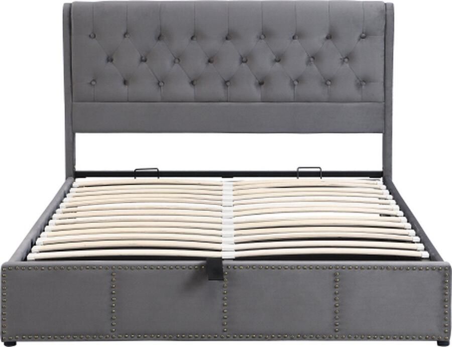 Gotagee Gestoffeerd bed 160x200cm tweepersoonsbed (zonder matras) opbergbed fluweelgrijs met hydraulische hendel functioneel bed van opbergklinknageldecoratie