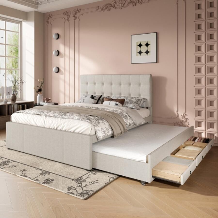 Singularity -Gestoffeerd bed- 140x200cm- tweepersoonsbed- familiebed- tweepersoonsbed met drie lades- uitschuifbaar bed- zonder matras- beige - Foto 2