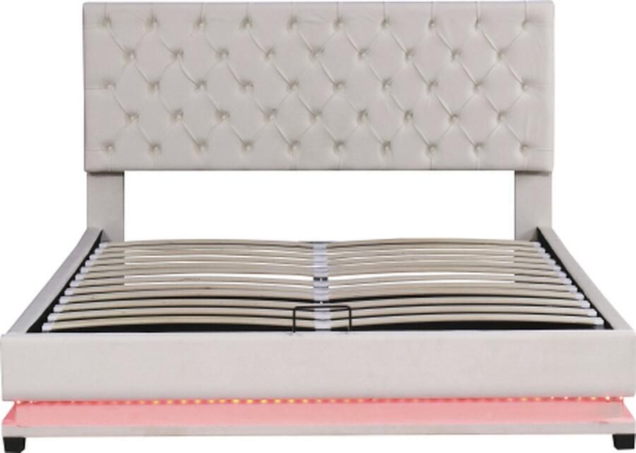 GOTAGEE Gestoffeerd bed 140x200cm Tweepersoonsbed (zonder matras) Beige Hydraulisch opbergbed met LED Verstelbare hoofdsteun