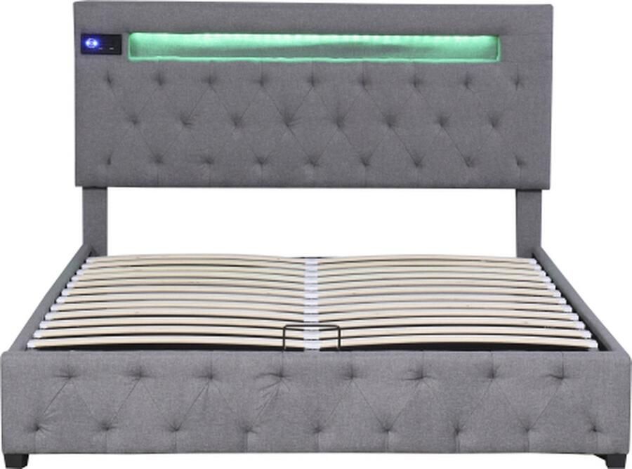 Zonder merk Gotagee Gestoffeerd bed 140x200cm Tweepersoonsbed (zonder matras) Grijs Platformbed Verstelbare hoofdsteun met USB LED en Bluetooth-speler