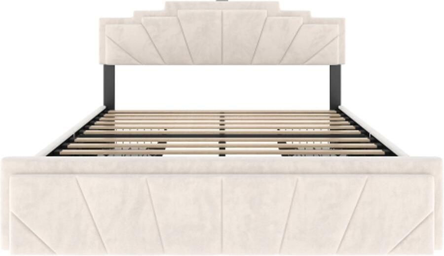 Gestoffeerd Bed 160x200cm Zonder Matras Tweepersoonsbed Met Led En Usb Type C Trapezium Hoofdbord Twee Hoogte Verstelling Twee Grote Laden Ruimtebesparend Voor Slaapkamer